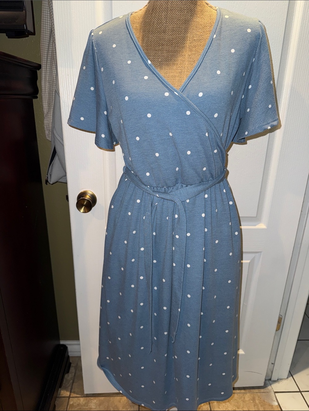 Blue Polka Dot Wrap Midi Dress with Self-Tie Waist